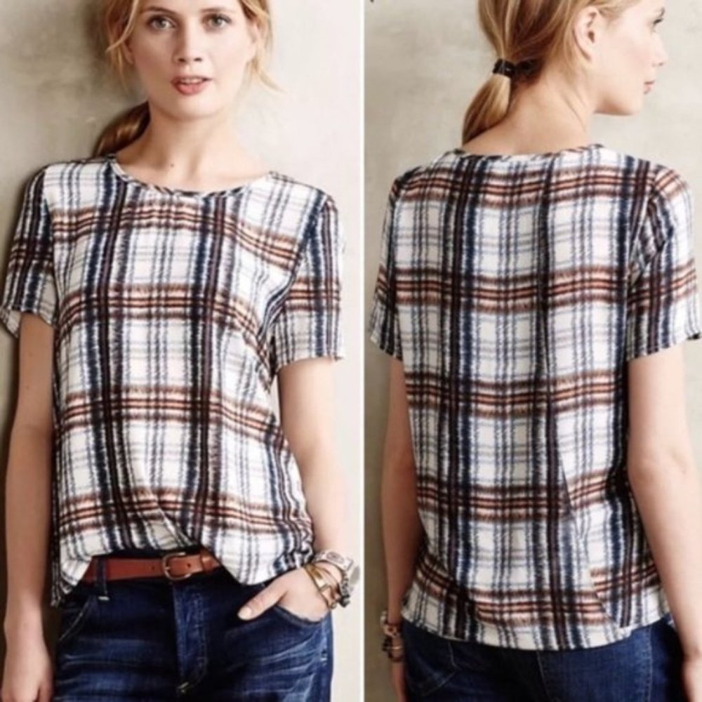 Anthropologie Maeve Plaid Open Tulip Back Blouse XS